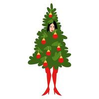 un' donna nel un' decorato Natale albero costume è isolato su un' bianca sfondo. un' ragazza nel un' Natale albero costume e rosso collant per festeggiare nuovo anno e Natale. famiglia festa, costume festa vettore