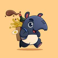 carino cartone animato tapiro portafortuna a piedi trasporto ramen, uovo e salsa. adorabile cartone animato portafortuna illustrazione vettore