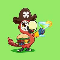 carino cartone animato ara uccello portafortuna hold hamburger e cocktail uso pirata cappello.adorabile cartone animato portafortuna illustrazione vettore