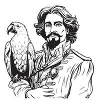 mare uomo o pirata con un' pappagallo su il suo spalla. colorazione pagina clipart carattere. vettore illustrazione.