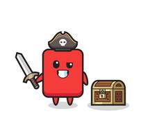 il personaggio pirata cartellino rosso che tiene la spada accanto a una scatola del tesoro vettore
