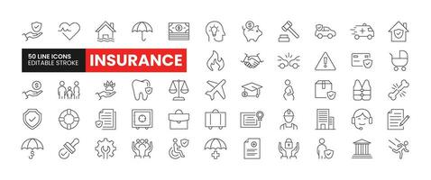 impostato di 50 assicurazione linea icone impostare. assicurazione schema icone con modificabile ictus collezione. include viaggiare, vita assicurazione, frattura, medico assicurazione, costruzione rischio, e di più. vettore