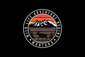 inizia l'avventura della vita selvaggia del Montana, silhouette di design in stile retrò vettore