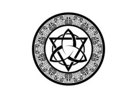 triquetra con logo triangolo e cerchio, tatuaggio nodo trinità, simbolo celtico pagano tripla dea. segno cornice wicca, libro delle ombre, bordo vettoriale divinazione wiccan isolato su sfondo bianco