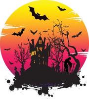 halloween raccapricciante design con ospite nel cimitero con zucche della casa stregata vettore