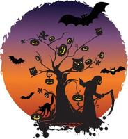 felice halloween raccapricciante illustrazione con gatto, pipistrelli e sfondo del sito del sole del castello vettore