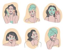 set di donne che applicano vari prodotti per la cura della pelle sui loro volti vettore
