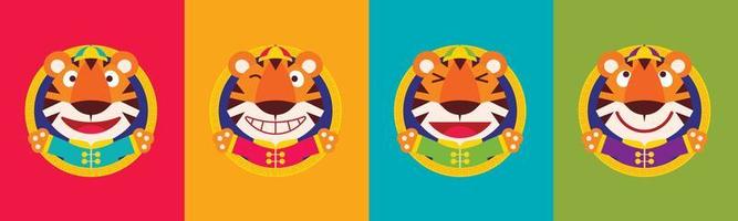 set di design piatto cartone animato carino tigre con facce buffe che indossano il costume tradizionale cinese celebra il capodanno cinese su sfondo colorato vettore