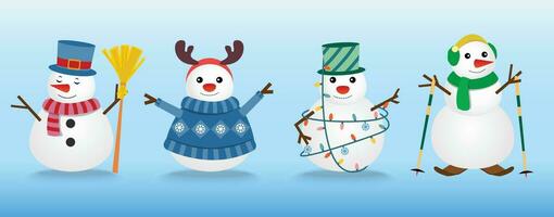 il collezione di pupazzi di neve indossa il inverno tema. grafico risorsa di inverno e Natale per contenuto, pupazzo di neve con scopa, maglione, e sciare polo. vettore illustrazione.