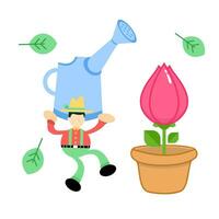 contadino uomo agricoltura e rosa tulipano fiorire fiore cartone animato scarabocchio piatto design stile vettore illustrazione
