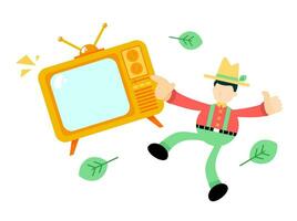contadino uomo agricoltura e giallo televisione elettronico cartone animato scarabocchio piatto design stile vettore illustrazione