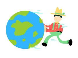 contadino e mondo globale terra cartone animato scarabocchio piatto design stile vettore illustrazione