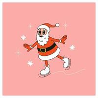 allegro Natale carta con cartone animato Santa Claus su pattini. saluto carta, manifesto, modello. vettore illustrazione nel retrò stile.