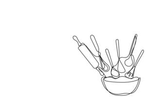 continuo linea arte di cucina utensili e posate impostare. cucchiaio, coltello, spatola, forchette, piatti, ciotole, spezie barattoli, casseruola e frittura padella vettore. vettore