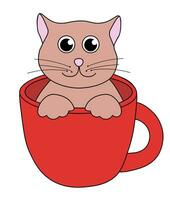 cartone animato Marrone gatto carattere. carino gattino ubicazione nel rosso tazza. vettore piatto illustrazione.