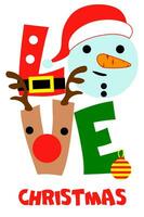 amore Natale - Natale saluto tipografia, con Santa cappello, cervo, e pupazzo di neve. vacanza Citazione, decorazione per saluto carte. vettore