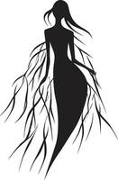 elegante incanto nero vettore logo di donna e salice armonia nel Linee salice albero lavorato con womans modulo