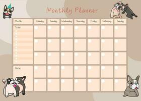 carino mese Piano settimana e giorno francese bulldog design colore calendario modello vettore