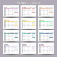 12 mese anno Piano settimana e giorno colore calendario modello design per attività commerciale vettore