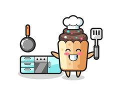 illustrazione del personaggio cupcake mentre uno chef sta cucinando vettore