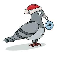 carino colore vettore Piccione con nero schema con un' Natale palla nel suo becco nel Babbo Natale cappello. nuovo anno, Natale, inverno urbano tema.