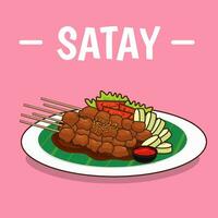 saziare satay griglia illustrazione tradizionale indonesiano cibo con cartone animato stile vettore