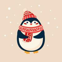 carino pinguino nel un' rosso sciarpa e cappello. Natale carta con carino pinguino e neve vettore