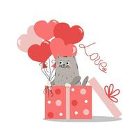 cartone animato gatto nel un' regalo scatola. gattino con a forma di cuore palloncini. iscrizione, il parola amore. carta design per nozze, compleanno, San Valentino giorno. vettore