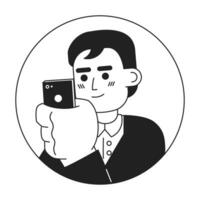 tinti capelli asiatico adulto uomo guardare a Telefono nero e bianca 2d vettore avatar illustrazione. Tenere mobile giapponese tipo schema cartone animato personaggio viso isolato. sociale media utente piatto ritratto