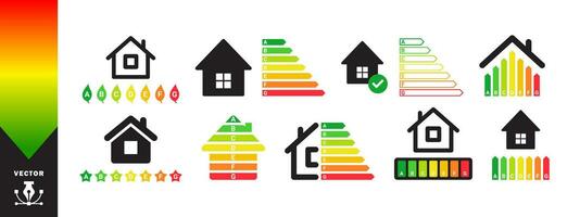 energia efficienza icone impostare. energia efficiente Casa con classificazione grafico. vettore scalabile grafica