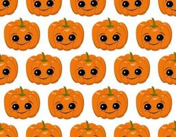 modello senza cuciture con zucche, viso, sorriso. decorazione di halloween vettore