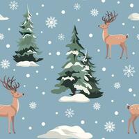 inverno senza soluzione di continuità modello con carino Cervi e abete alberi. cartone animato inverno foresta sfondo. vettore