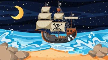 scena della spiaggia di notte con la nave pirata in stile cartone animato vettore