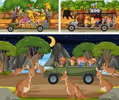 diverse scene di safari con animali e personaggi dei cartoni animati per bambini vettore