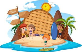 modello di banner vuoto con carattere di bambini in vacanza estiva in spiaggia su sfondo bianco vettore