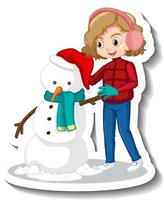 personaggio dei cartoni animati di una ragazza che costruisce adesivo pupazzo di neve vettore