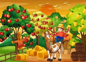 scena di fattoria con ragazzo contadino su veicolo a cavallo vettore