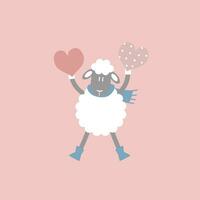 carino e bello pecora Tenere cuori, contento San Valentino giorno, compleanno, amore concetto, piatto vettore illustrazione cartone animato personaggio design isolato