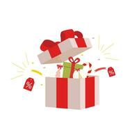 Natale bianca regalo scatola rosso nastro. natale sorpresa presente con sconto voucher; tagliando e Natale elementi vettore