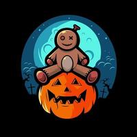 una simpatica bambola voodoo di halloween seduta su una zucca vettore