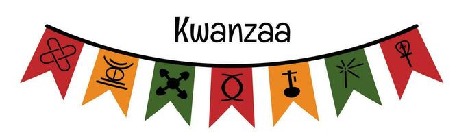 Kwanzaa Festival celebrazione. festivo pavese bandiere con Sette i principi di Kwanzaa simboli. africano americano eredità vacanza. vettore