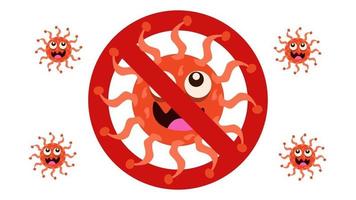 illustrazione grafica vettoriale di nessun segno di batteri con germe simpatico cartone animato in stile piatto design su sfondo bianco. bandire microbi e virus microorganismi. fermare il segnale di avvertimento del virus. vettore eps10.