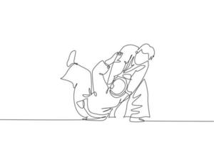 un disegno a linea singola di due giovani uomini energici che indossano la tecnica di lancio dell'aikido dell'esercizio del kimono nell'illustrazione vettoriale del palazzetto dello sport. concetto di sport stile di vita sano. design moderno a linea continua