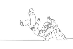 un disegno a linea continua di due giovani combattenti di aikido che praticano lo sparring nel centro di addestramento del dojo. concetto di sport combattivo di arte marziale. illustrazione vettoriale di disegno dinamico a linea singola