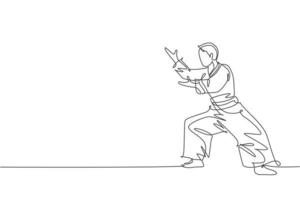 disegno a linea continua singolo giovane sportivo che indossa kimono pratica tecnica di posa in posizione di combattimento di aikido. concetto di arte marziale giapponese. grafico dell'illustrazione di vettore di disegno di disegno di una linea alla moda