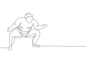 un disegno a tratteggio continuo di un giovane grande rikishi giapponese che si prepara a combattere al torneo del festival. tradizionale concetto di sport di sumo. illustrazione vettoriale di disegno grafico di disegno grafico a linea singola dinamica