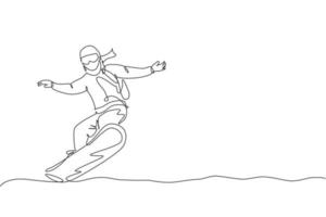 un disegno a tratteggio continuo di un giovane snowboarder sportivo che guida lo snowboard nella montagna innevata delle Alpi. concetto di sport lifestyle invernale. illustrazione vettoriale di disegno grafico di disegno grafico a linea singola dinamica