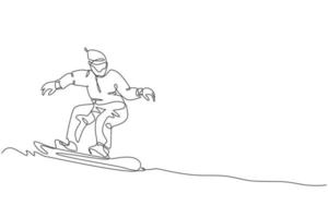 disegno a linea continua di un giovane snowboarder sportivo che guida lo snowboard in montagna. sport estremo all'aperto. concetto di vacanza di stagione invernale. illustrazione vettoriale di design alla moda con una linea di disegno