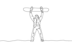 disegno a linea continua singolo giovane snowboarder sportivo uomo ascensore tavola da snowboard in montagna. sport estremo all'aperto. concetto di vacanza di stagione invernale. una linea disegnare grafica vettoriale illustrazione