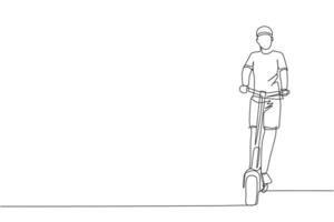 un unico disegno a tratteggio di giovane uomo energico che guida scooter elettrico all'illustrazione grafica vettoriale del parco cittadino. trasporto futuro. concetto di sport stile di vita sano. design moderno a linea continua